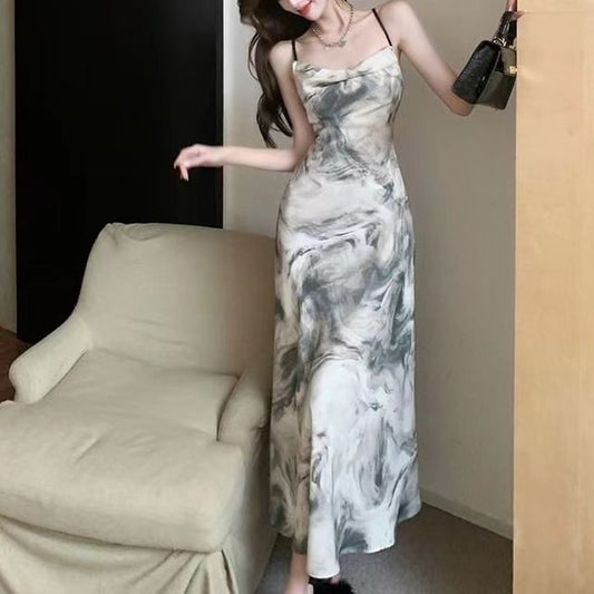 Spaghetti Strap Dress Maxi A-Line Print