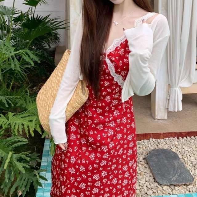 Dress Floral Maxi Print A-Line V-Neck Cardigan Sleeveless /