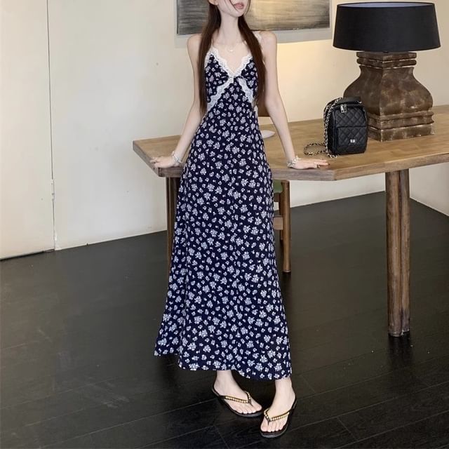 Dress Floral Maxi Print A-Line V-Neck Cardigan Sleeveless /