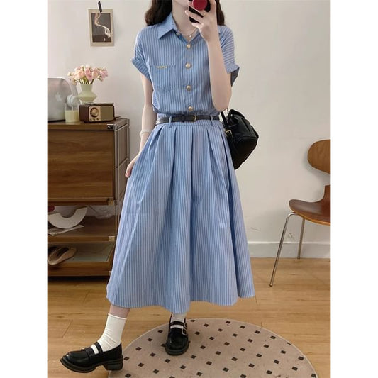 Maxi Short-Sleeve Shirt A-Line Dress Striped