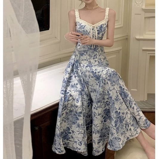 Print A-Line V-Neck Maxi Floral Dress Sleeveless