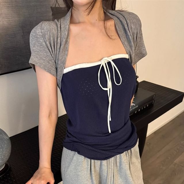 Bow-Trimmed Tube Top with Melange Bolero Jacket, Short Sleeved