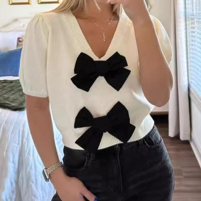 Tone Knit V-Neck Top Crop Accent Bow Two Puff-Sleeve