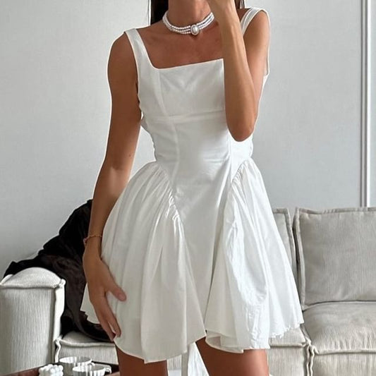 A-Line Neck Square Tie Plain Waist Back Open Mini Dress Sleeveless