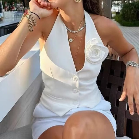 Single-Breasted Plain Flower Halter Back Crop V-Neck Vest Open Accent