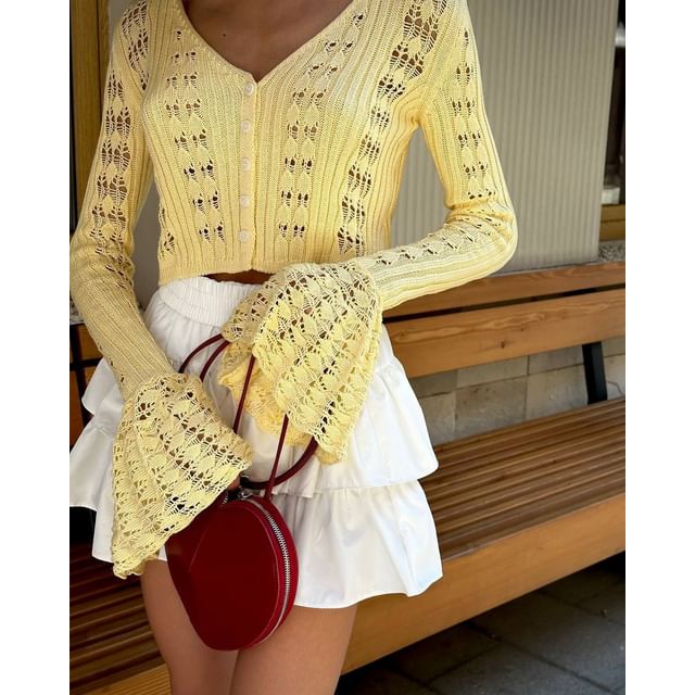 Cardigan Perforated Crop Flared-Cuff Button-Up Plain V-Neck