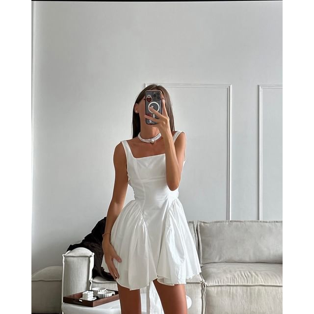 A-Line Neck Square Tie Plain Waist Back Open Mini Dress Sleeveless