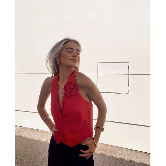 Single-Breasted Plain Flower Halter Back Crop V-Neck Vest Open Accent