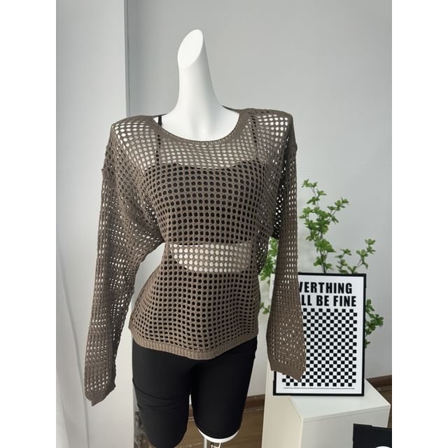 Knit Long-Sleeve Plain Neck Round Perforated Top