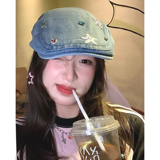 Embellished Flat Cap Denim