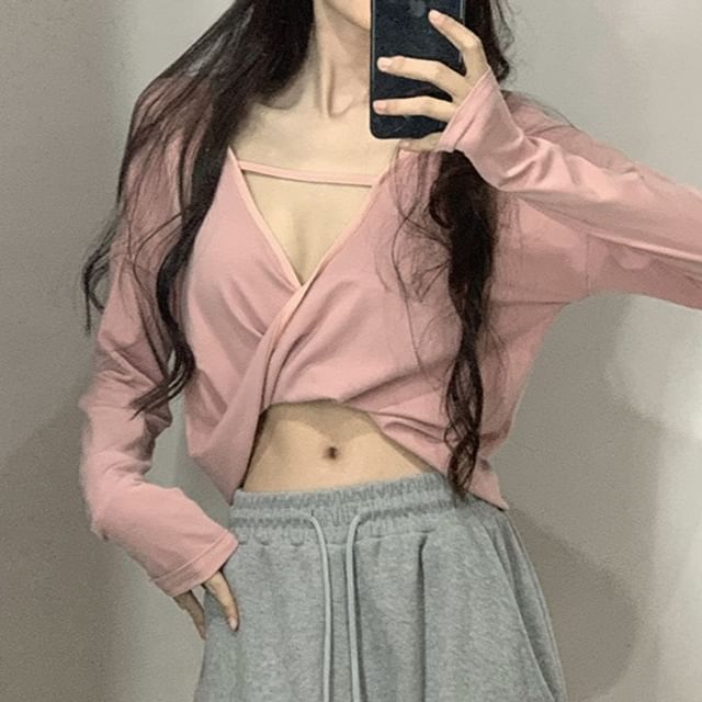 Twisted V-Neck Cropped Tee, Long Sleeved