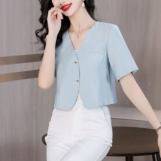 Short-Sleeve Tweed Button-Up Jacket