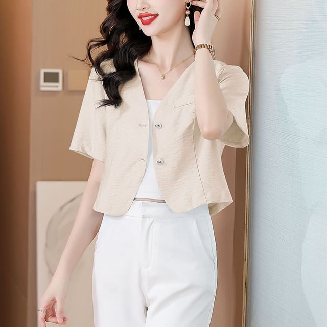 Short-Sleeve Tweed Button-Up Jacket