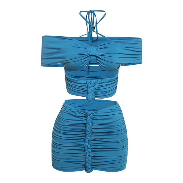 Halter Cutout Ruched Crop Top with High-Rise Mini Skirt Set