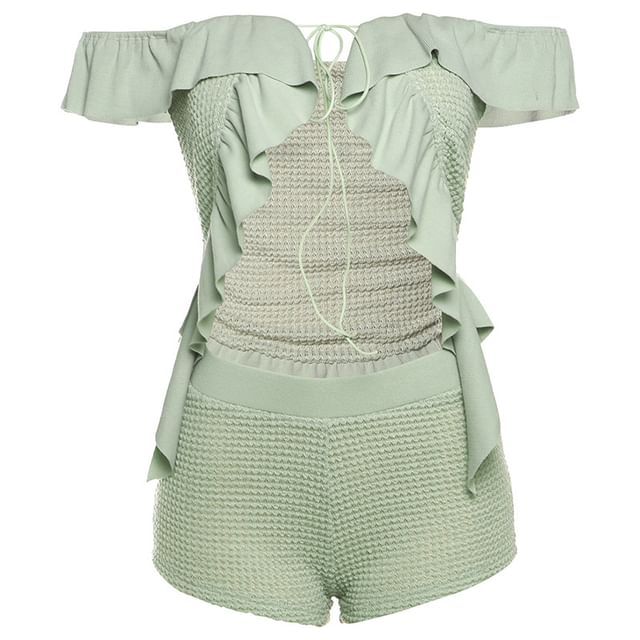 Off-Shoulder Ruffled Tie-Front Top with High-Waisted Shorts Set