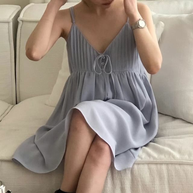 Spaghetti Strap V-Neck Plain Mini A-Line Dress