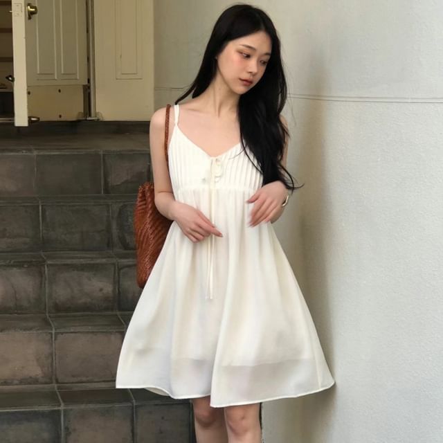 Spaghetti Strap V-Neck Plain Mini A-Line Dress