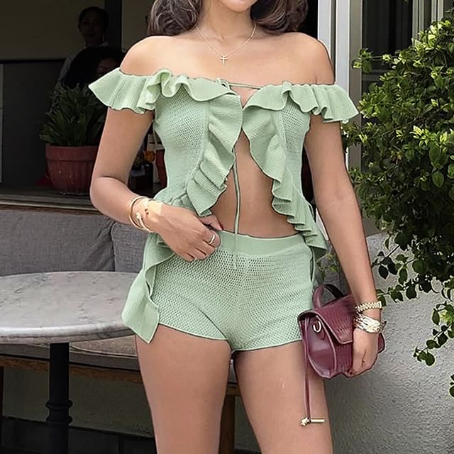 Off-Shoulder Ruffled Tie-Front Top with High-Waisted Shorts Set