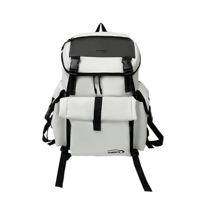 Lettering Buckled Leather Backpack Faux