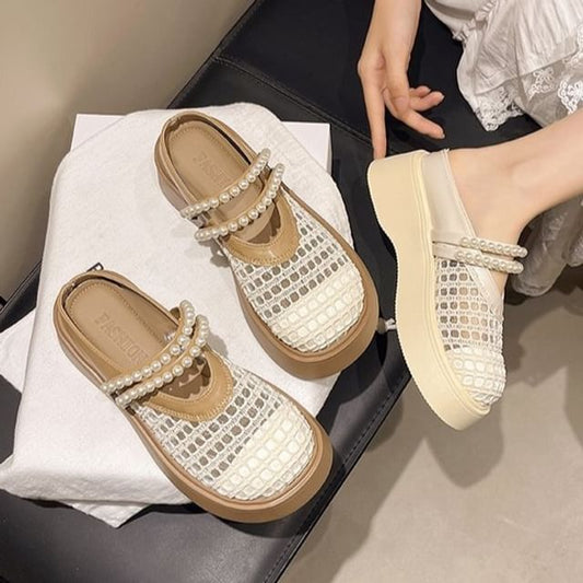 Pearl Detail Faux Mesh Platform Mules