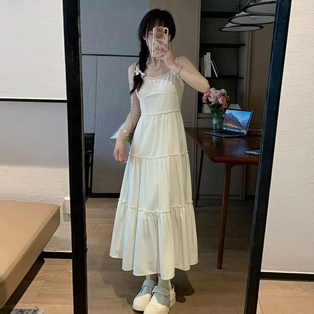 Spaghetti Strap Plain Midi A-Line Tiered Dress