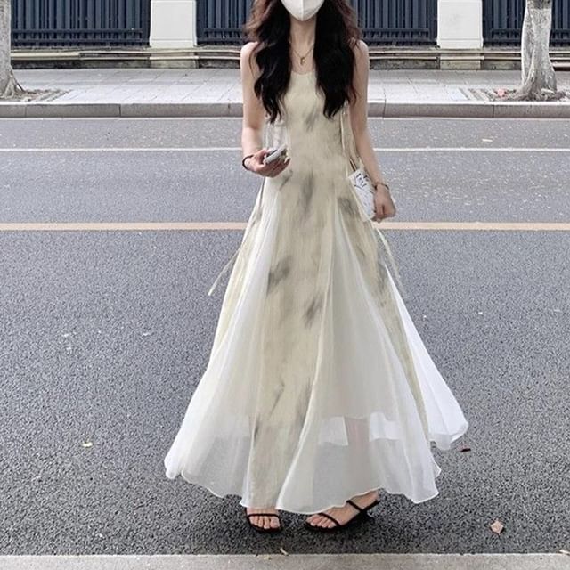 Spaghetti Strap Tie-Dyed Paneled Midi A-Line Dress