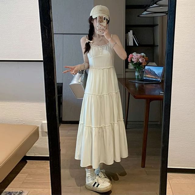 Spaghetti Strap Plain Midi A-Line Tiered Dress