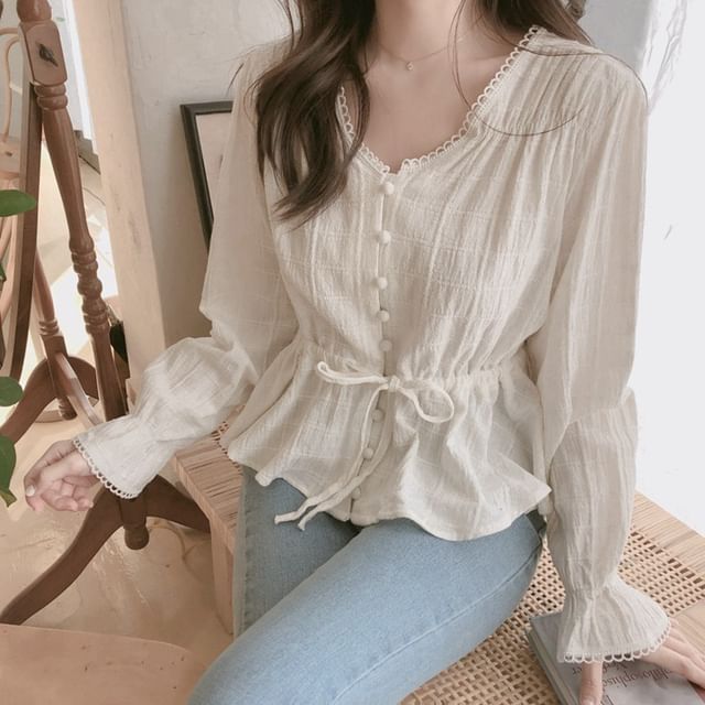 Plaid Lace-Trim Puff-Sleeved Button-Up Blouse