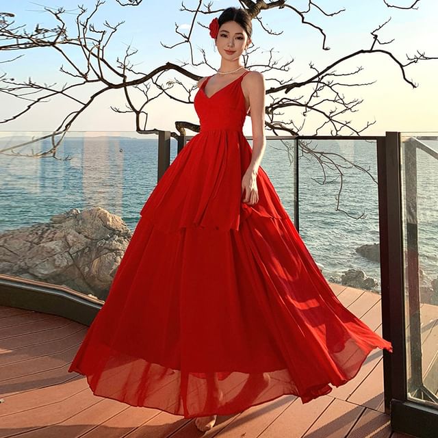 Spaghetti Strap Plain Tiered Maxi A-Line Dress