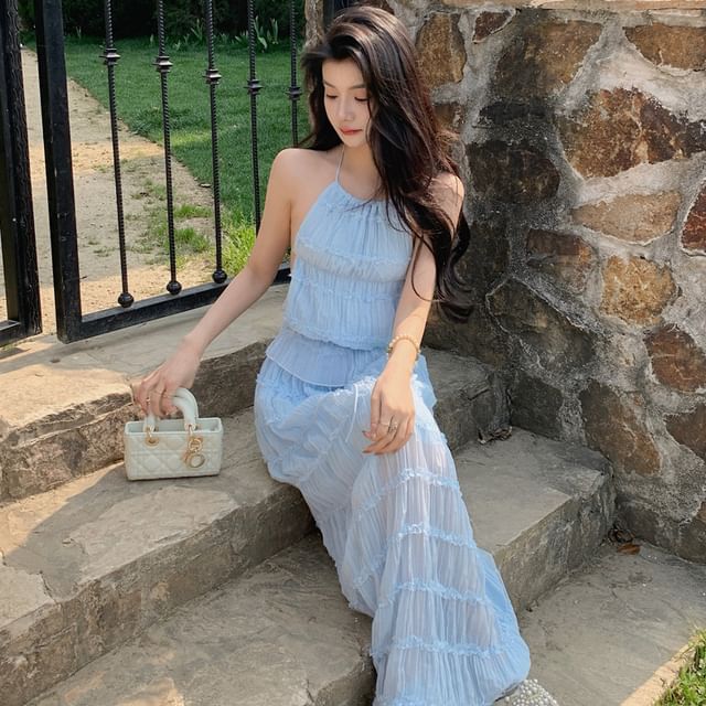 Tiered High-Waisted Maxi Pencil Skirt & Plain Halter Camisole Top Set