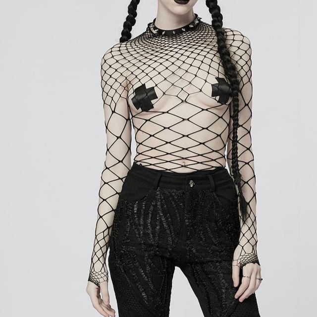 Fishnet Plain Mock-Neck Long-Sleeved Bodysuit Top