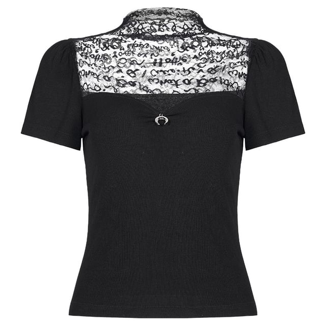 Panel Mesh Plain Mock-Neck Short-Sleeved Top
