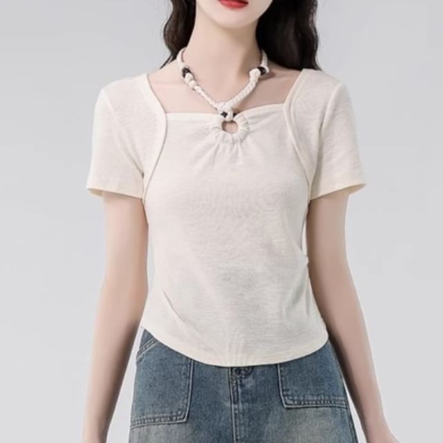 Beaded Slim Cropped Halter Tee, Short Sleeved and Plain
