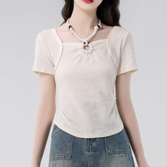 Beaded Slim Cropped Halter Tee, Short Sleeved and Plain
