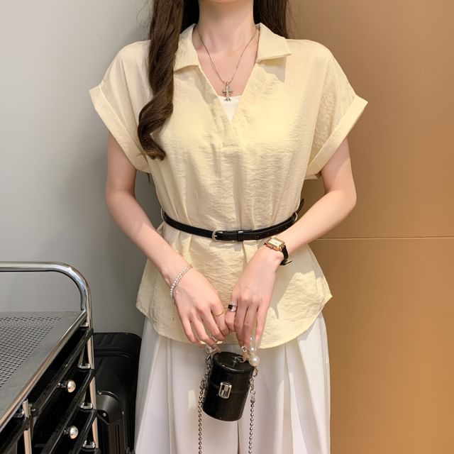 Collared V-Neck Plain Blouse with Belt and Short Sleeves