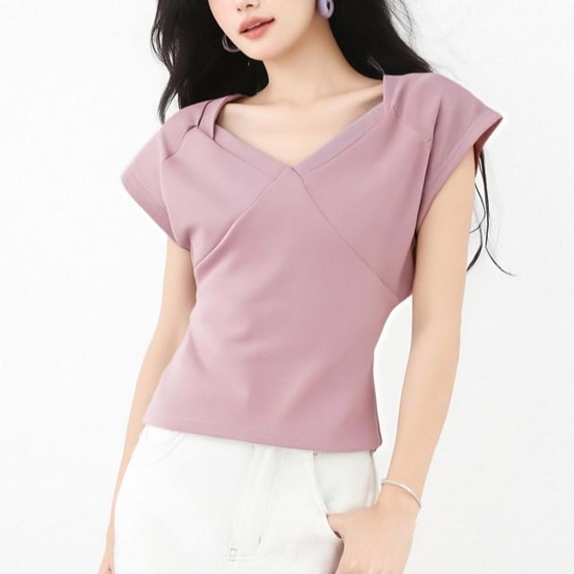 Plain Slim-Fit Cropped Tee, Cap-Sleeved V-Neck