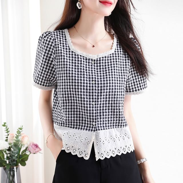 Gingham Square-Neck Lace-Trimmed Buttoned Mini Blouse