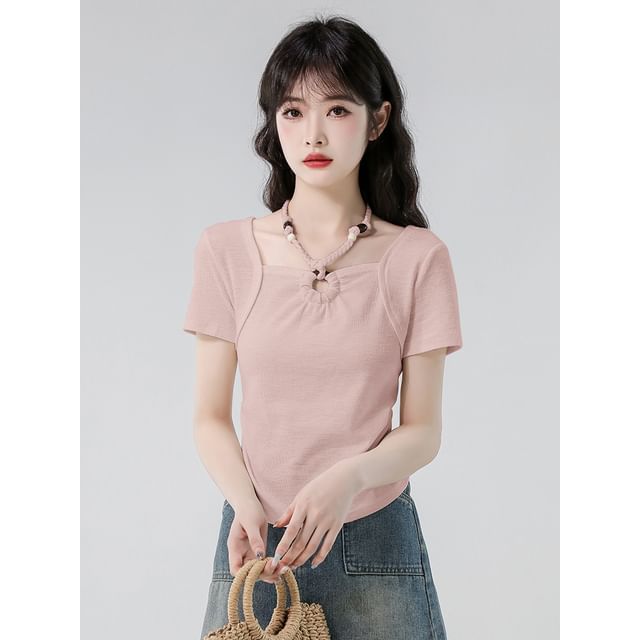 Beaded Slim Cropped Halter Tee, Short Sleeved and Plain