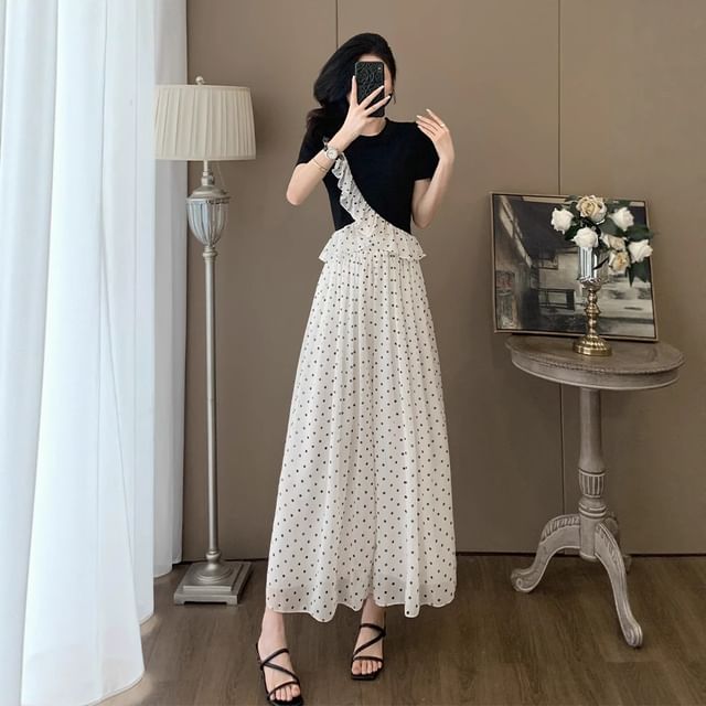 Ruffle-Trimmed Crew Neck Top with Dotted Wide-Leg Pants Set