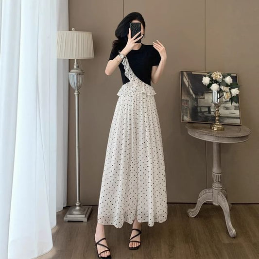Ruffle-Trimmed Crew Neck Top with Dotted Wide-Leg Pants Set
