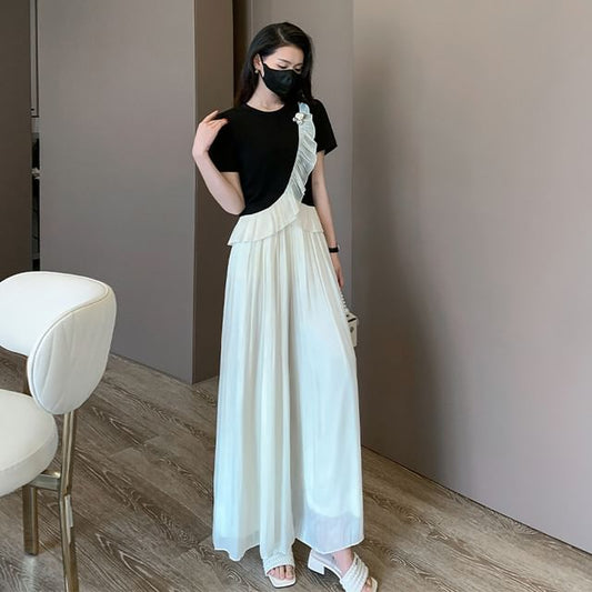 Ruffle-Trimmed Crew Neck Top with Wide-Leg Pants Set