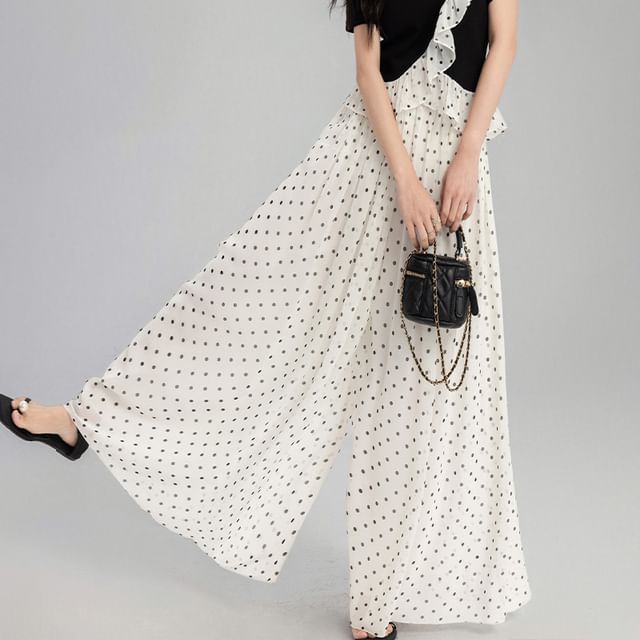 Ruffle-Trimmed Crew Neck Top with Dotted Wide-Leg Pants Set