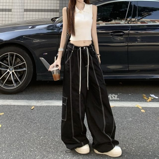 Collar Plain Crop Slim Fit Tank Top / Mid Waist Contrast Stitching Baggy Cargo Pants