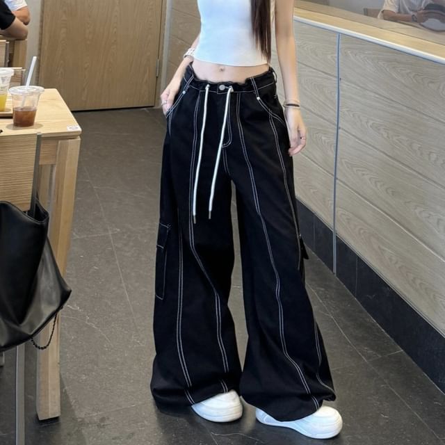 Collar Plain Crop Slim Fit Tank Top / Mid Waist Contrast Stitching Baggy Cargo Pants