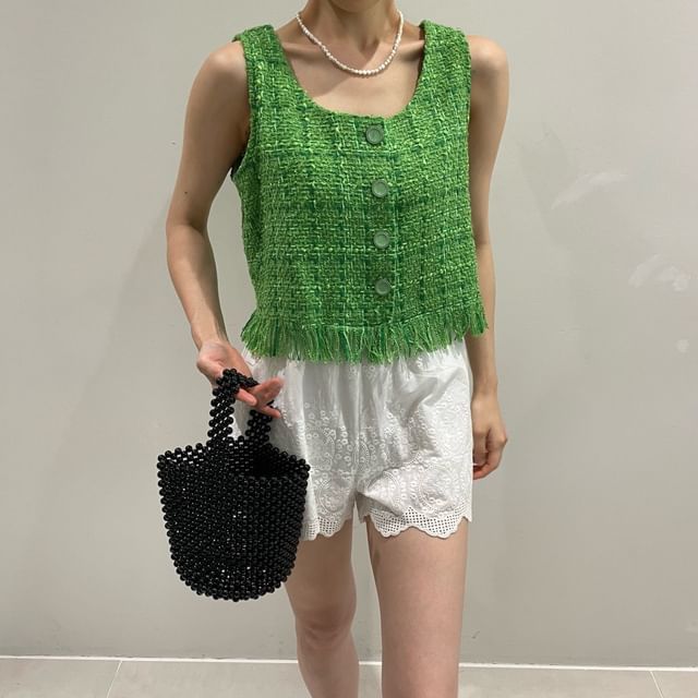 Scoop Neck Fringed Tweed Button Vest