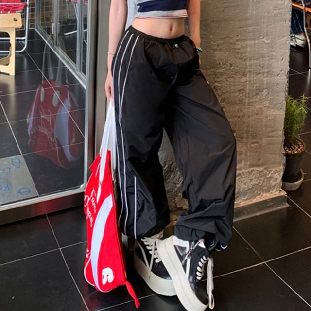 Striped Crop Tube Top / Drawstring Waist Baggy Cargo Pants