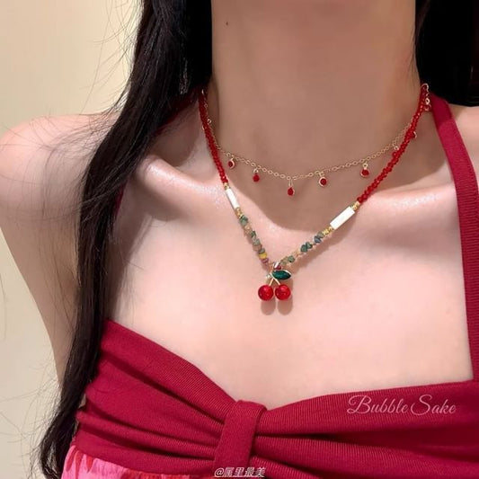 Necklace Beaded Cherry Layered Pendant