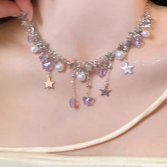 Faux Pearl Necklace Fringed Star Butterfly