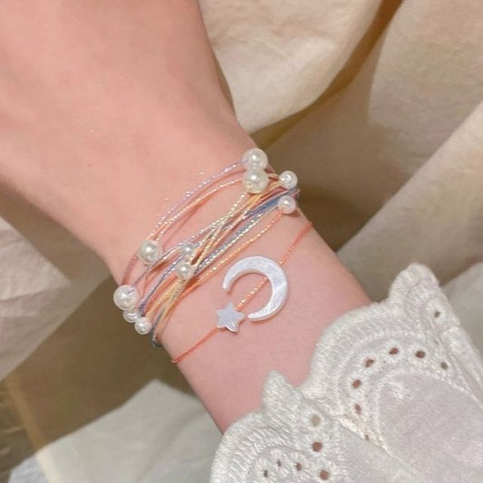 Faux String Bracelet Pearl Moon Layered