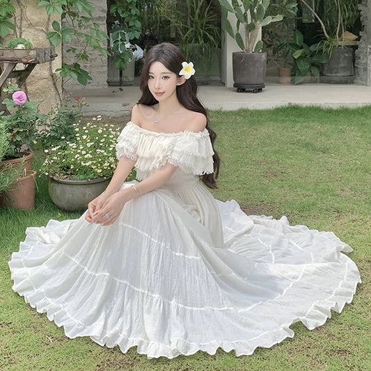 Frayed Maxi A-Line Dress with Off-Shoulder and Ruffle Trim - NoBrand